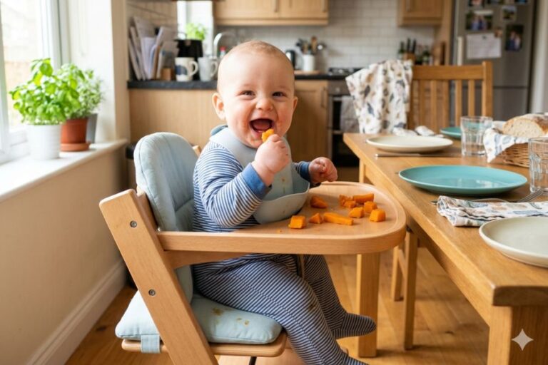Baby sitzt im Hochstuhl und greift gekochte Süßkartoffel mit der Hand